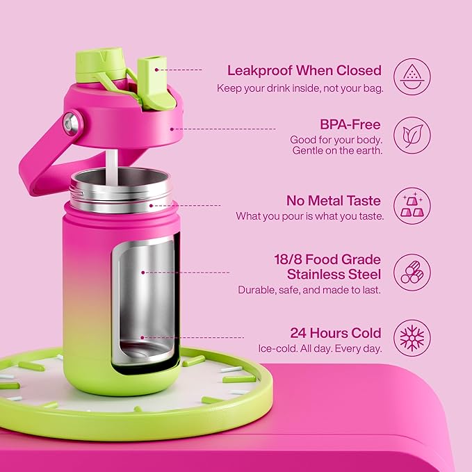 Kids Insulated Water Bottle with Straw - 12oz Stainless Steel Water Bottle with Dual Spouts, Leak-Proof, BPA-Free, Double Wall Vacuum Keeps Cold for 24 Hours for Sports, Travel, School (Lime Sorbet)