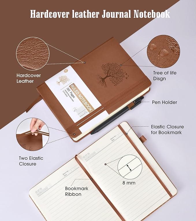 Lined Journal Notebook -365 Pages A5 Thick Journal for Writing Men Women, College Ruled Notebook, Hardcover Leather Journal, Daily Notebook for Work, Note Taking,100Gsm Paper ( 5.75'' X 8.38'' Brown)