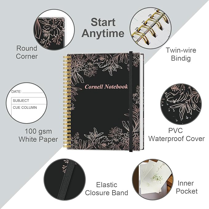 Yaridar A4 Cornell Notes Notebook - 8.5" x 11" College Spiral Cornell Notebooks for Note Taking, Subject College Ruled Steno Pads for Office School/Home, Black Flower