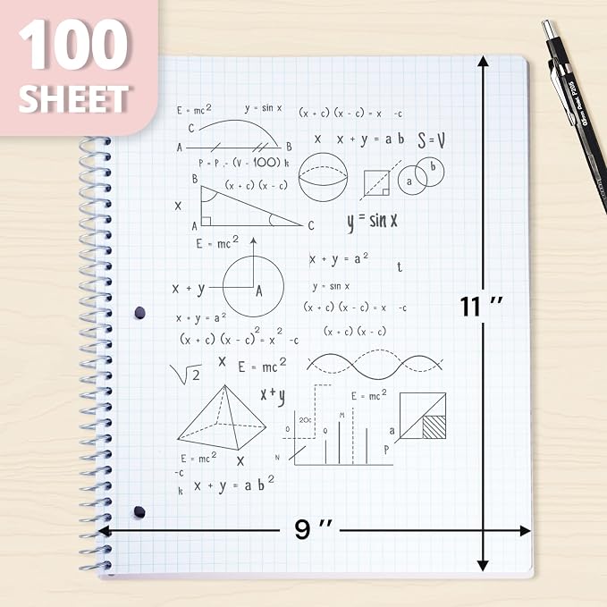 ONAVIA 1 Subject Graph Paper Spiral Notebook 3 Pack, 200 Pages
