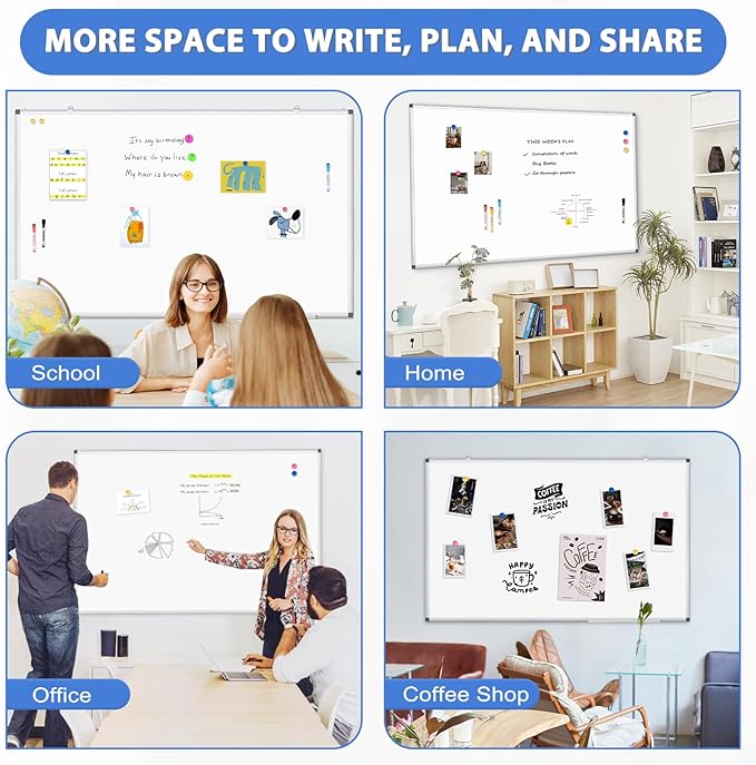 WALGLASS Large White Board, 72" x 40" Double-Sided Dry Erase Board Magnetic Whiteboard for Wall, Hanging Mounted Whiteboard Silver Aluminium Frame for Home, School, Office