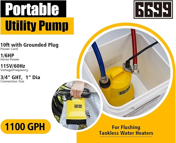 Tankless Water Heater Flushing Kit, 1/6 HP Pump, 2 Hoses, 3 Gal Pail | Complete tankless water heater flushing kit with 1/6 HP pump, two 6 ft hoses, 3 gal pail, adapters, washers and lid opener.