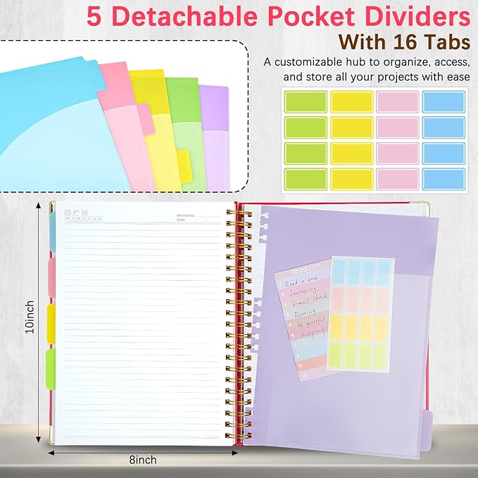Hardcover Spiral Notebooks for Work 8''x 10'', 300 Pages 5 Subject Notebook with Dividers & Tabs, B5 Spiral Journal for Women, College Ruled Notebooks for School Note-Taking (Rose Red)