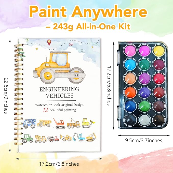 Easy Watercolor Workbook for Beginners - 12 Beautiful Step-by-Step Paintings Water Coloring Book, Includes 18 Colors Paints, Relaxing Art Projects and Creative Gift for Adults (Construction Vehicles)
