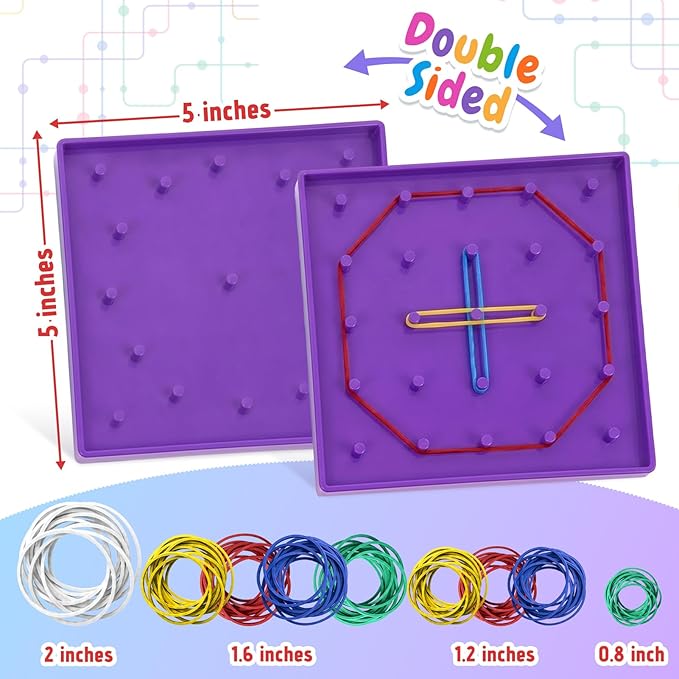 6 Pack Double-Sided Geoboard Mathematical Manipulative Material Array Block Geo Board, Educational Toy for Kids with Rubber Bands and 15pcs Pattern Card, STEM Shape Puzzle Brain Teaser Toy, 5x5 Inch