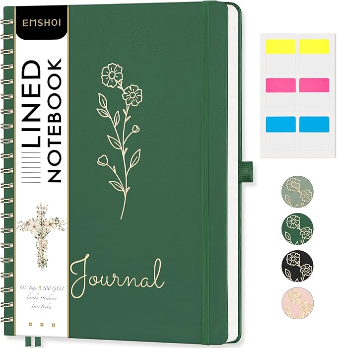 EMSHOI A4 College Ruled Spiral Notebook, Large 8.27"x11.2", 110 Numbered Pages, 100GSM Ink-Proof Faux Leather Hardcover Lay-Flat Lined Journal for Work Office School Writing, Dark Green