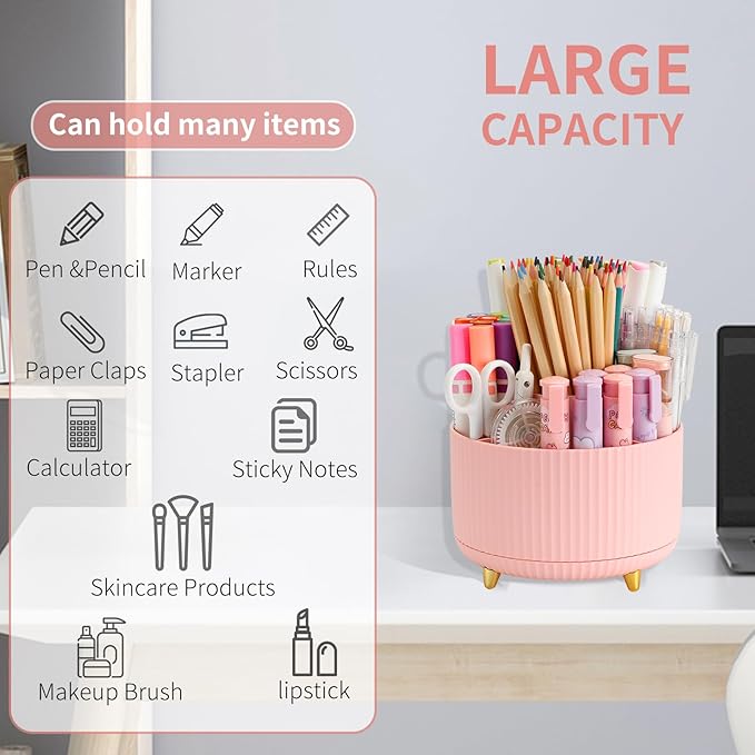 Camelmother Pen Holder For Desk With 5 Slots 360°Rotating Pencil Holder Makeup Organiezr Teacher Supplies Office decor (pink)