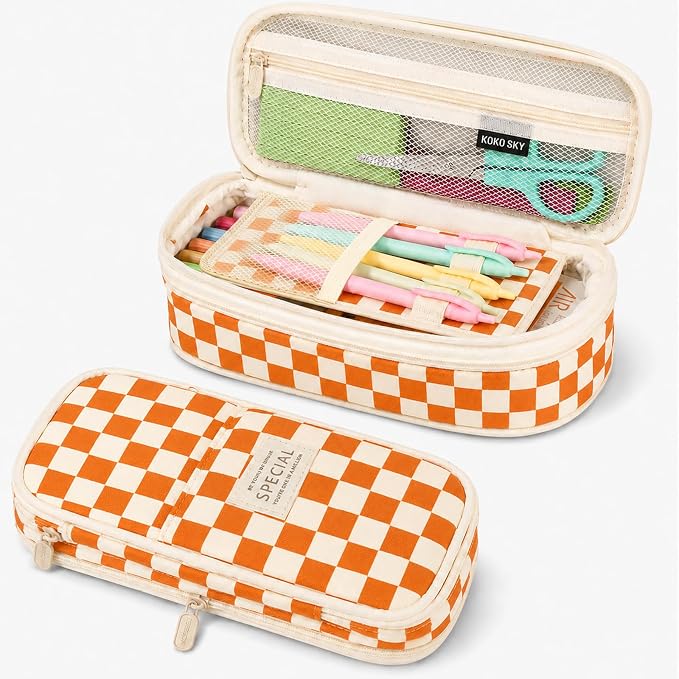 Pencil Case, Large Capacity Aesthetic Pencil Cases with Durable Zipper, Big Stationery Pencil Pouch for Women & Men , Adults Portable Storage Organizer Bag for College, Office, Travel (Yellow Grid)