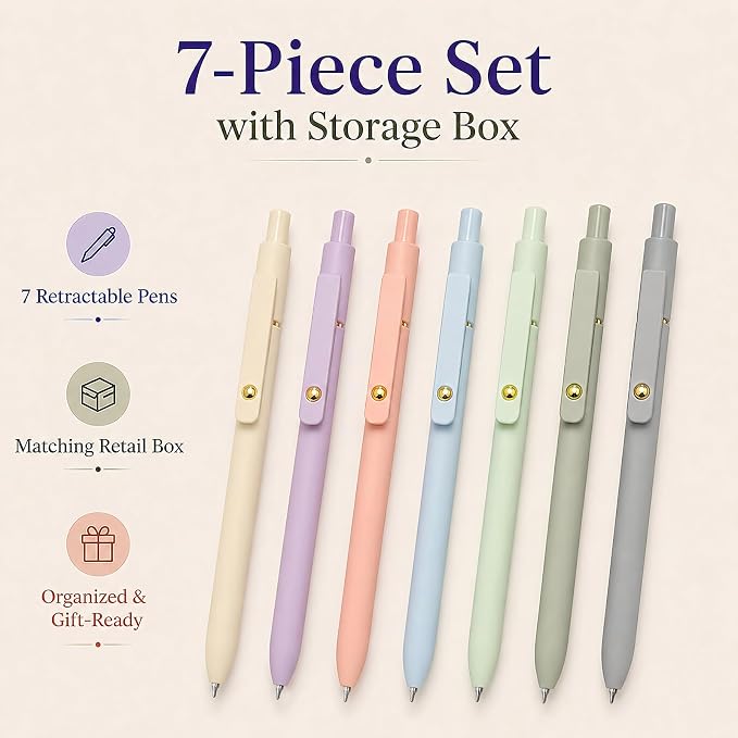 FIOVER Gel Pens, 7pcs 0.5mm Quick Dry Black Ink Fine Point Smooth Writing Pens High-End Series Ballpoint for Office School Supplies (7Pcs Morandi)