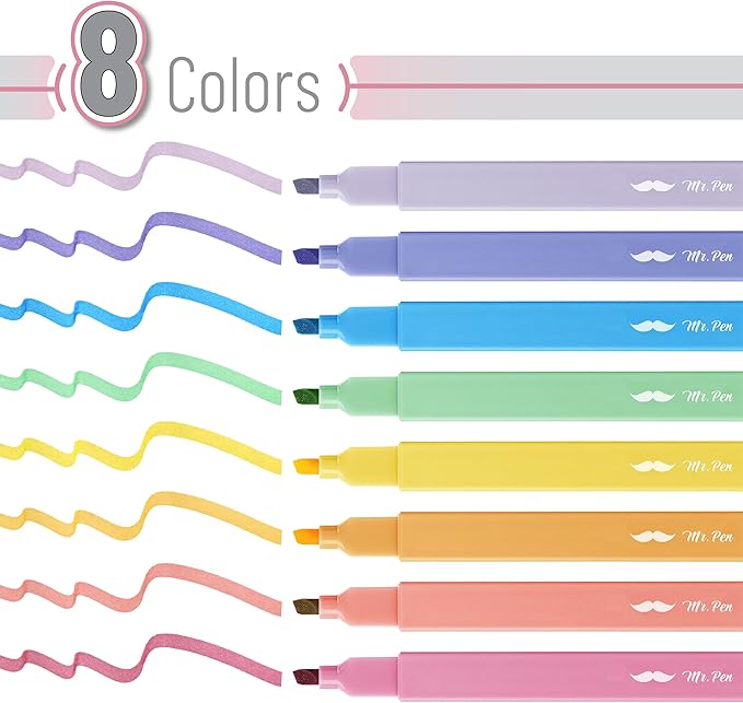 Mr. Pen- Aesthetic Highlighters No Bleed, 8 Pack, Assorted Colors, Chisel Tip, Cute Highlighters Assorted Colors for Journaling, Highlighting, Underlining, Fast Dry, Back to School Supplies