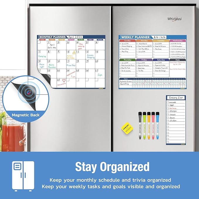 HOMiDEK Magnetic Calendar for Refrigerator: Reusable Dry Erase Monthly Fridge Whiteboard Calendar Magnet Weekly Planner White Board with Magnetic list, Dry Erase Markers and Eraser - 14 x 11 Inches