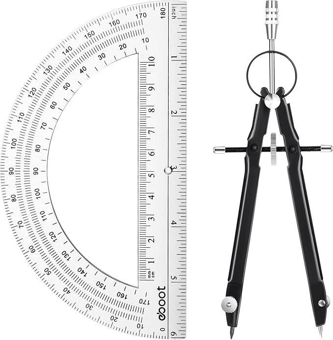 EBOOT Student Geometry Math Set, Metal Drawing Compass and 6 Inch Clear Swing Arm Protractors 180 Degree Math Protractor(Black)