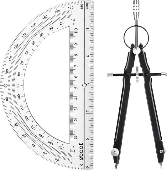 EBOOT Student Geometry Math Set, Metal Drawing Compass and 6 Inch Clear Swing Arm Protractors 180 Degree Math Protractor(Black)