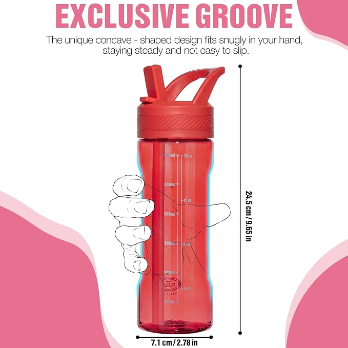 OLDLEY 20oz Kids Water Bottle with Straw, BPA-Free Tritan Water Bottle for School, Leakproof Clear Water Bottle with One Click Open, Measurement Scale, Cup Holder Friendly for Boys Girls,Clear Red