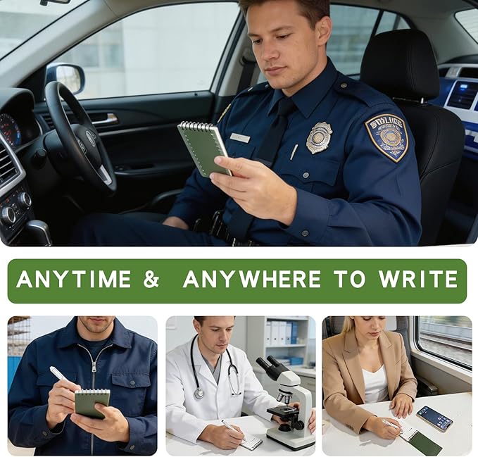 Waterproof Notebook, 4 Pack Pocket Notepad, 3" x 5" Top-Spiral Weatherproof NotePad, All Weather Police Pocket Notebook Mini Memo Steno Note Pads for Outdoor Office School Recording, Navy Green