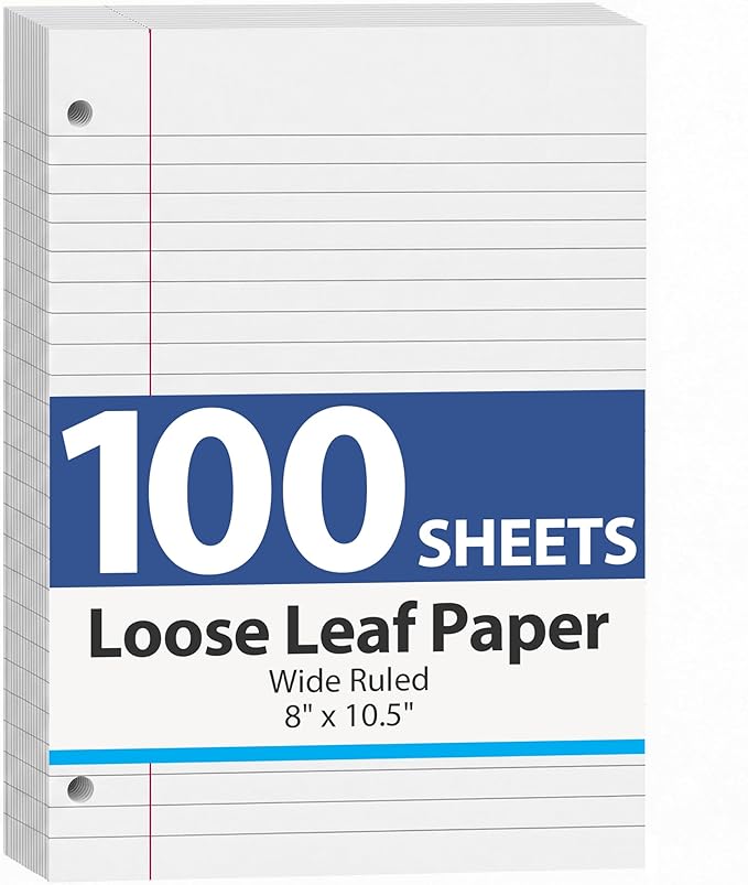 HIBOX 100 Sheets Loose Leaf Paper, 8 x 10-1/2 Inch, 3 Hole Punched Wide Ruled White Filler Notebook Paper for 3 Ring Binders, Ideal for School Notes, Organizing Classwork, School Supplies