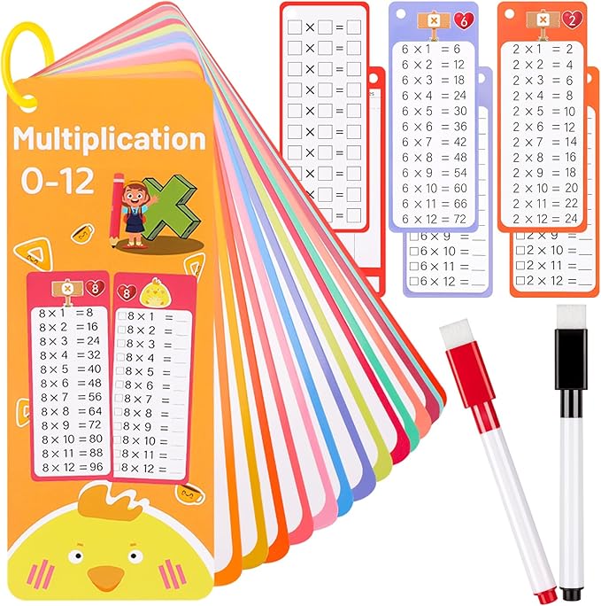 15Pcs Multiplication Flash Cards 0-12, Time Table Flash Cards Chart with 2 Dry Erase Pens 1 Rings, Educational Math Multiplication Chart for 1st to 3rd Grades Fun Learning with Math Game