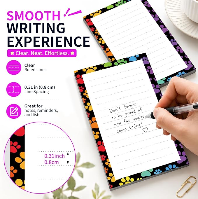 Lined Sticky Notes 4x6 in, 2 Pack Large Cute Notepads with Lines Self-Stick Note Pad, Funny Memo Pads Strong Adhesive for Office, Home Colorful Funny Dog Paws