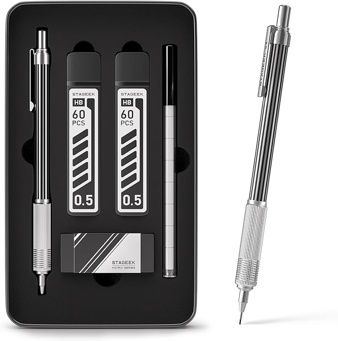 STAGEEK 0.5mm Mechanical Pencil with Metal Gift Case, 1PCs Metal Mechanical Pencil with 120PCS HB Lead Refills,4B Erasers and 9PCS Eraser Refills, for Writing Drafting Drawing and Sketching(Silver)