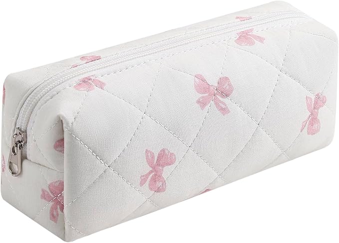 Cute Floral Cotton Makeup Brush Cosmetic Bag for Women, Travel Quilted Zipper Make Up Bag, Flowers Toiletry Organizer Case Kawaii Makeup Cosmetic Travel Cloth Pouch (Pink Bow Tie)