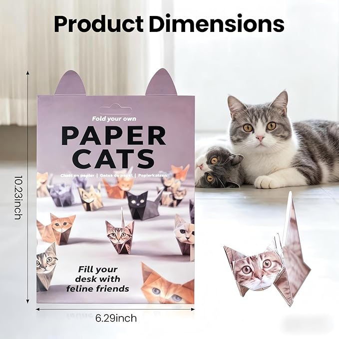 50 Piece 3D Origami Cat Kit for Kids 6-12, Pre-Cut Pre-Printed Origami Paper, No Scissors No Glue, Kids DIY Craft Desk Pets Educational Gift