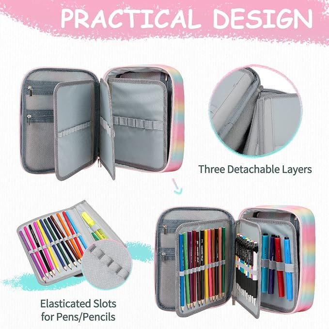 VASCHY Large Pencil Case Bag, Art Supply Marker Organizer Big Pen Pouch with Detachable Layers Slots Multiple Zipper Pockets for Kids Adults School Office Gilter Unicorn