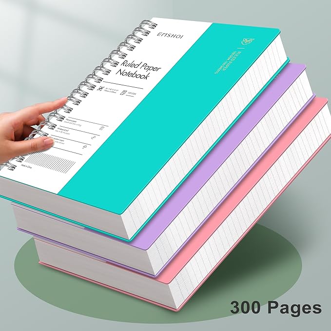 EMSHOI B5 Spiral Notebook Lined Journal, 300 Pages (150 Sheets), College Ruled, 7.48" x 10.15", 100 GSM Thick Paper, Waterproof Hardcover Journal for Office, School, Work - Light Blue
