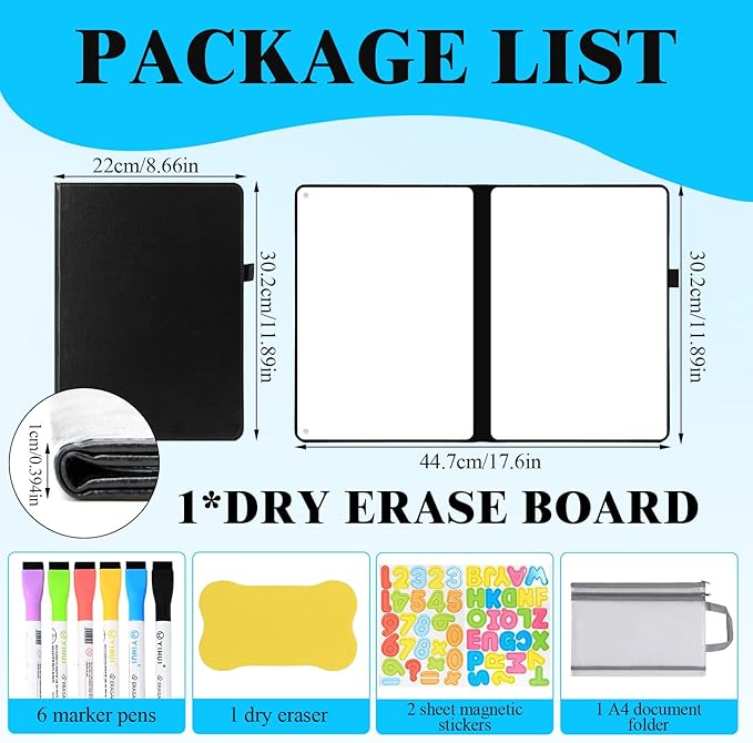 Double-Sided Magnetic Dry Erase Notebook, 9 x 12in Portable White Boards Dry Erase, Foldable Whiteboard Reusable Notebook, Dry-Erase Notebooks with 6 Dry-Erase Pens, School, Office, Meetings