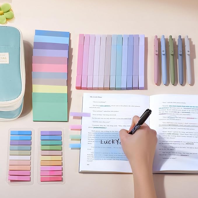 49Pcs Book Annotation Kit - Aesthetic School Supplies with Cute Pen Case Highlighters Gel Pens and Marker, Sheets Transparent Index Tabs Sticky Notes Bible Study Supplies(Light Blue)