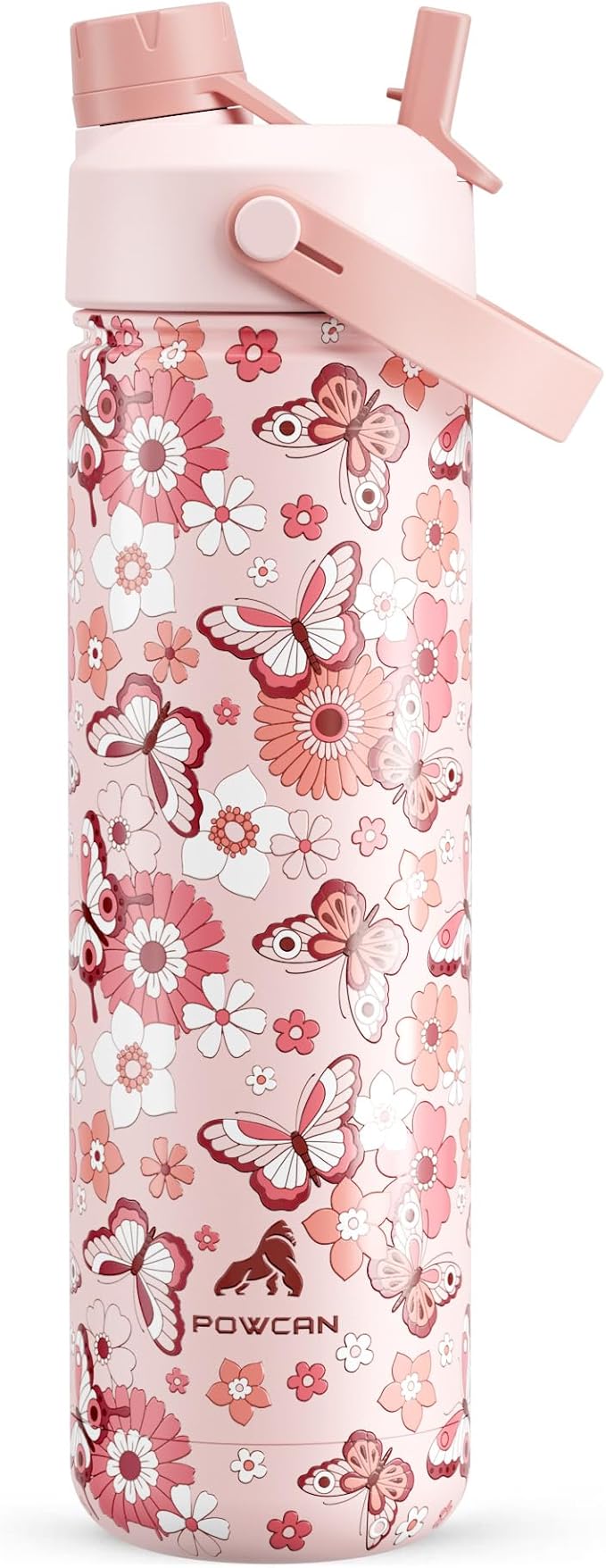 POWCAN 26 oz Insulated Water Bottle with 2-in-1 Straw and Spout Lid, Keep Cold 24H, Leak-Proof, Fits in Car Cup Holder, Stainless Steel Water Bottle for Gift, Holiday, Trip, School (Aflutter in Bloom)