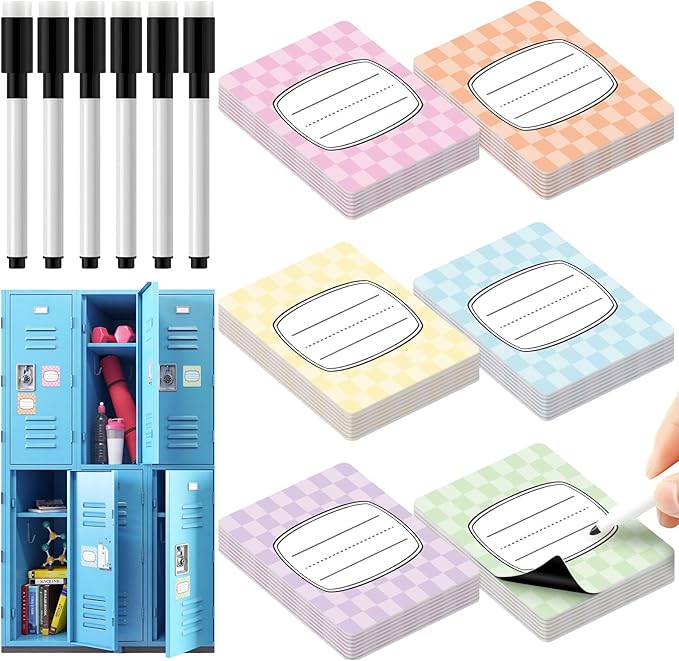 Crtiin 42 Pcs Magnetic Name Tags for Lockers Pastel Checkerboard Dry Erase Labels Magnetic Reusable Name Tags for Back to School Whiteboard Classroom School Bus Locker Fridge