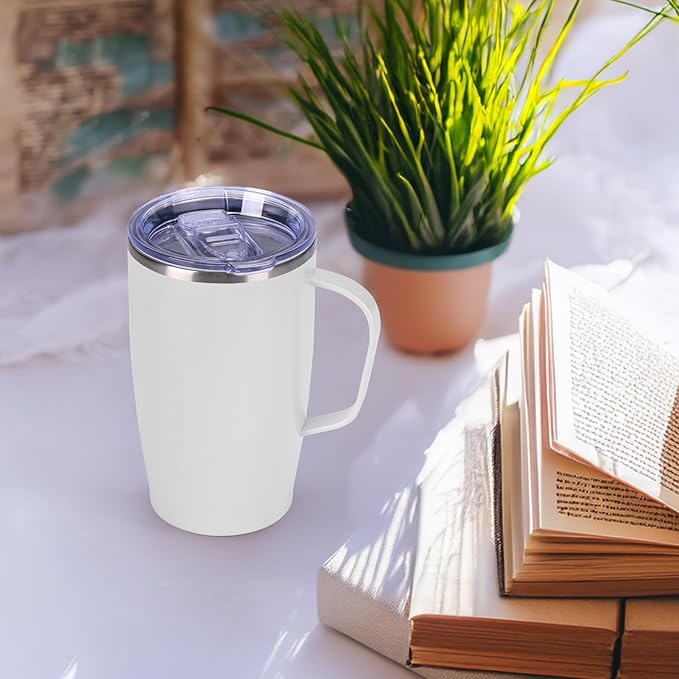 MEBRUDY 19oz Insulated Coffee Mug with Lid, Leak Proof Double Wall Vacuum Travel Coffee Mug with Handle, White