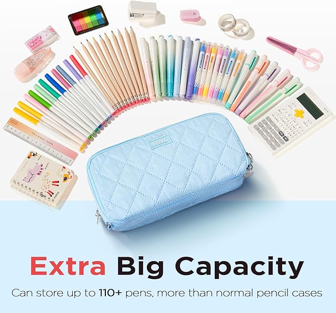Sooez Large Pencil Case Pouch, Extra Big Pencil Bag with 8 Compartments, Pen Bag Wide Opening, Soft Quilted Pencil Pouch Organizer with Zipper, Portable Pencil Case for Teen Girls, Sky Blue