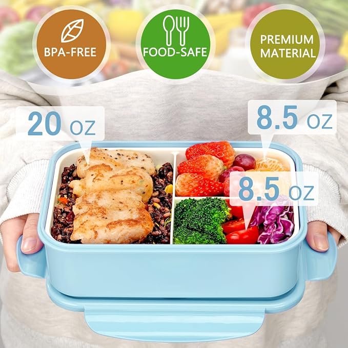 Bento Boxes for Adults - 1100 ML Lunch Box Container For Kids Women With Built-in Spoon & Fork - Durable for On-the-Go Meal, BPA-Free and Food-Safe Materials（Light Blue）