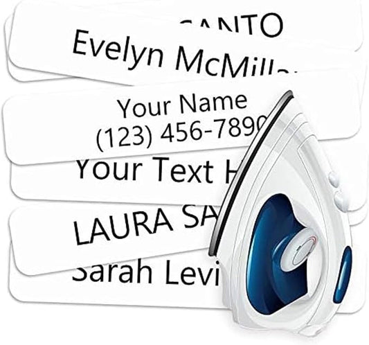 100 pcs Iron on Name Tags for Clothing with 50 Writable Fabric Labels for Clothes, Washable Precut 2”x0.37”, Personalized & Custom Name Tag, Clothing Labels for Nursing Home, Day Care & Organization