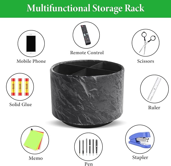 Round Leather Art Supply Organizer,Remote Control Holder,360 Degree Spinning,Multi-Functional Pencil Holder,4 Compartments Desktop Stationary Organizer(1-Hill Black)