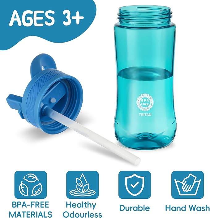 14oz Clear Kids Water Bottle with Straw Lid, BPA-Free Tritan, Measurement Scale, Sturdy Handle Wide Mouth Leak-proof Reusable Plastic Bottle for Boy& Girls, Back to School(Blue)