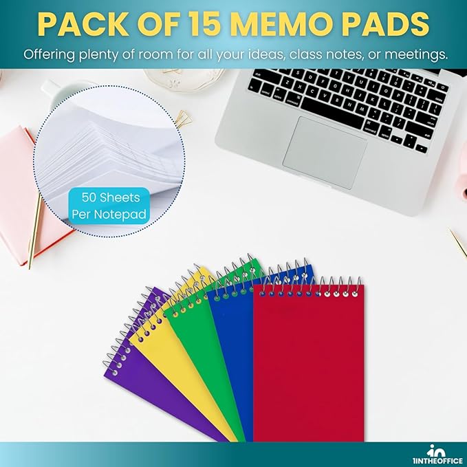 1InTheOffice Wirebound Memo Pads, 4" x 6", College, Assorted, 50 Sheets/Pad, (5 Pads)