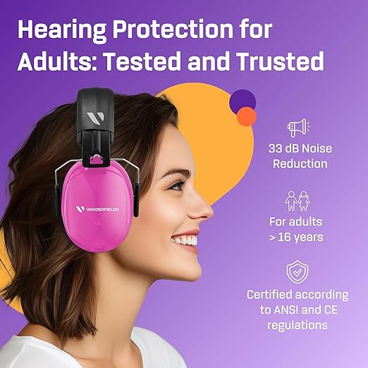 Vanderfields - Hearing Protection Ear Muffs - Over 35 dB (2K Hz) Broad Noise Cancelling Sound Reduction - Adults & Teens