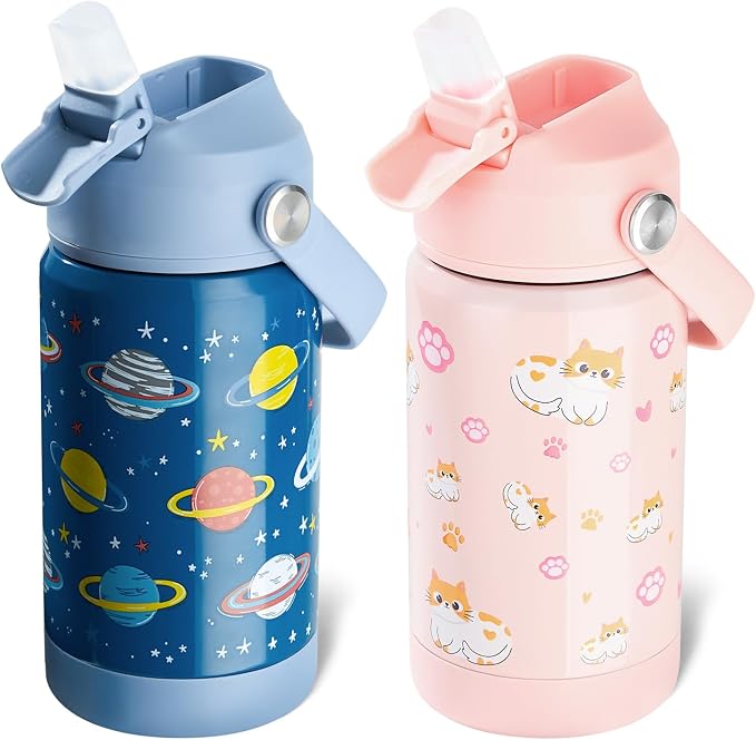 Kerilyn 12oz Kids Water Bottle 2 Pack, Stainless Steel Insulated Water Bottle Bulk, Toddler Cups with Straws Leak-Proof, Kids Water Bottles for School Boys Girls, BPA Free, 2 Piece Set Planet + Kitty