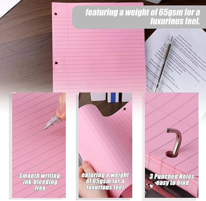 HIBOX Pink Loose Leaf Paper, Pink 100 Sheets 8"x10.5" Wide Ruled Filler Lined Notebook Paper, 3-Hole Punched for 3-Ring Binders Notebook, School & College, Women Girls Writing Work Meeting Note Taking