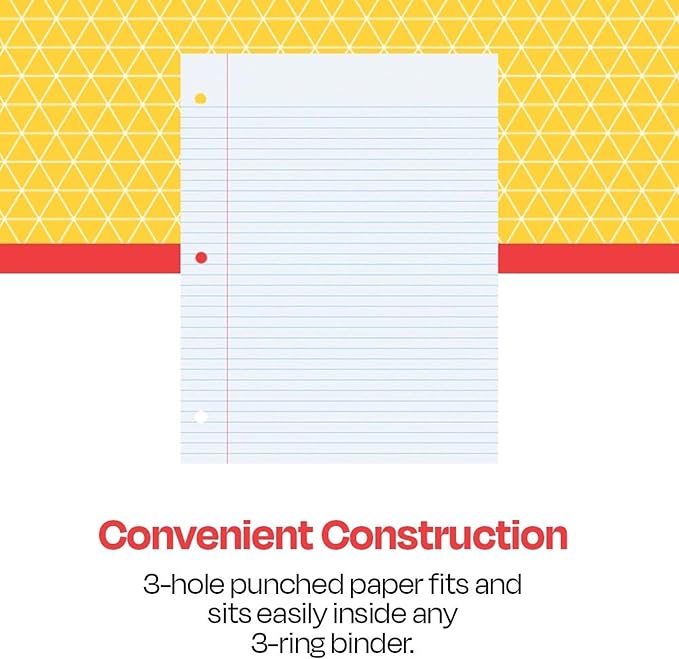 School Smart 3-Hole Punched Filler Paper w/Red Margin, 8-1/2 x 11 Inches, College Ruled, 200 Sheets, White