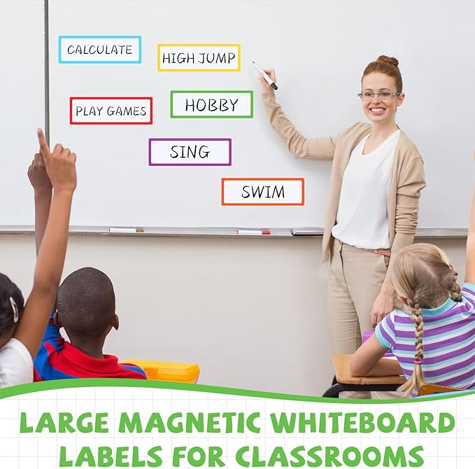 12 Pcs Large Magnetic Dry Erase Labels for Classroom, 12 x 4 Inch Rectangle Magnetic Name Plates Label Flexible Magnet Stickers for Whiteboards Refrigerator(White Background+Border,Style 2)