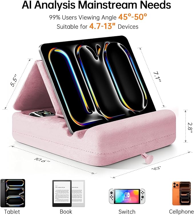 Tablet Pillow Stand with Storage, Foldable iPad Holder for Lep, Bed, Sofa, and Desk - Soft Pad Dock with Pocket and Stylus Mount Compatible with 4-13" iPad Pro/Air/Mini, Galaxy Tab, Kindle (Purple)