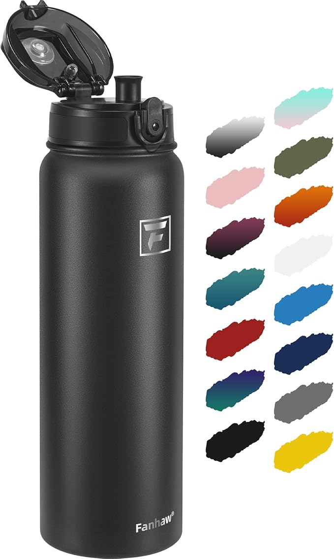 Fanhaw 32 oz Insulated Stainless Steel Water Bottle with Anti-Dust Chug Lid, Leakproof Vacuum Sports Bottle for Kids, Teens & Adults, Back to School Essentials (Black)
