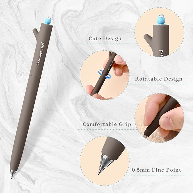 Temiary 6 Pcs Rotatable Quick-Dry Black Gel Ink Pens, Cute Gel Pen for Journaling Planning, 0.5 mm Fine Point Smooth Writing for School Office Home Supplies (Bird)