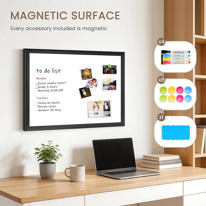 White Board for Wall, 24" x 18" Magnetic Dry Erase Board, Decorative Wooden Frame Large Whiteboard, Wall Mounted, Aesthetic Writing Board for Home, Office, School - Black