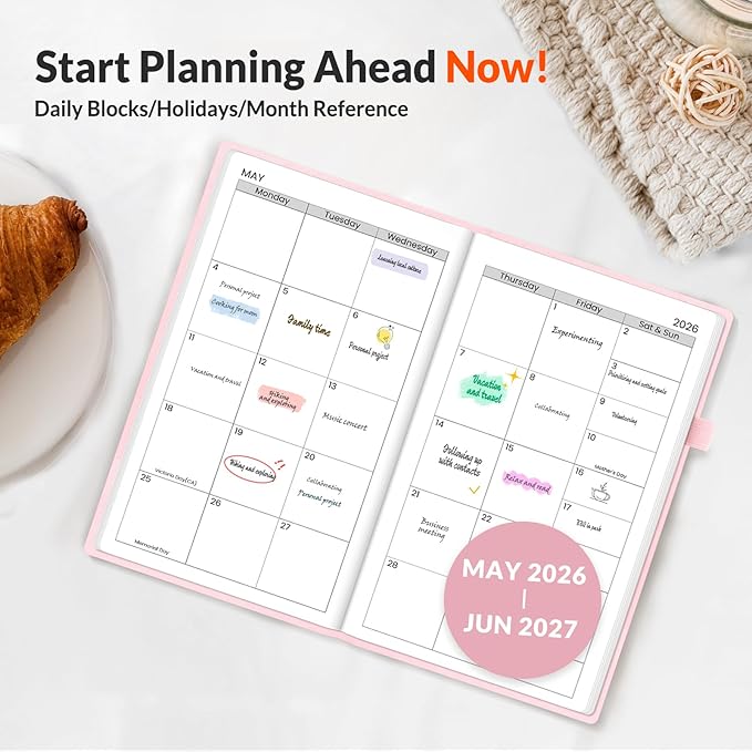 SUNEE 2026-2027 Pocket Weekly Planner for Purse 3.5" x 6" - 12 Month (July 2026 - June 2027) Academic Year Calendar, Pocket Size Planner, Hardcover, Note, 100 GSM Paper, Pink