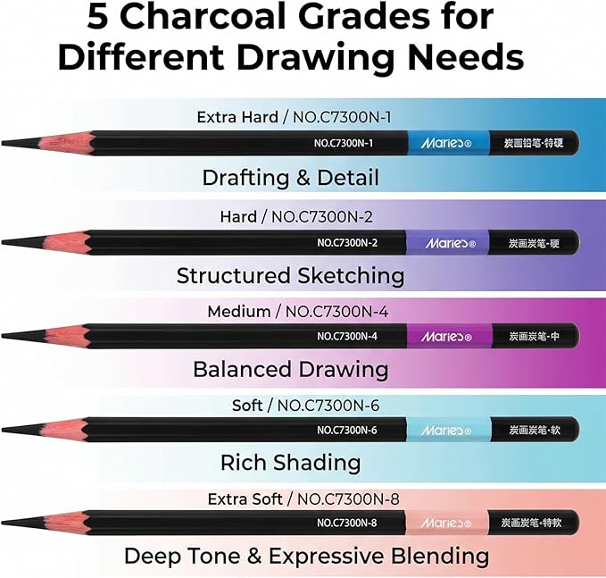 Marie's Charcoal Pencils for Drawing, 10 Pieces, Extra Hard Hard Medium Soft Extra Soft, Sketching Pencils for Artists, Smooth Charcoal Core for Layering, Blending and Detailed Artwork(Extra Soft)