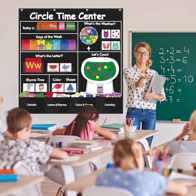 Circle Time Learning Center Classroom Pocket Chart Preschool, Educational Pocket Chart Teaching Materials, Learning Calendar Weather Counting Letter Color, Circle Time Learning Center Black